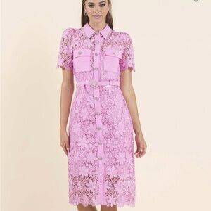 Lace MIDI Dress With Belt Pink and White